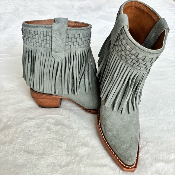 FRYE Steel Blue Suede Sacha Fringe Leather Western Bootie--NEW--7.5 - Picture 3 of 16